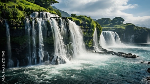 Waterfalls cascading down a lush green cliff