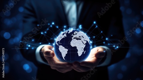 Hand holding a hologram blue earth glowing in a dark background.