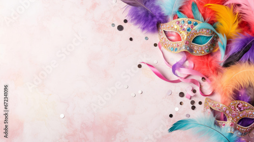 Carnival border on marble background. Mardi gras masks, feathers and beads. photo