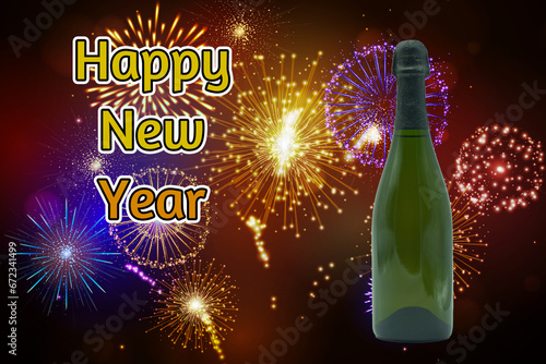 nowy rok, musujące, wino, świętować, rok, uroczystość, fajerwerki, szczęśliwy, blask, przyjęcie, fajerwerki, tło, photo