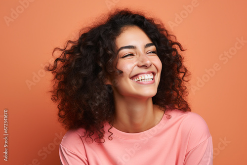 Happy woman person. Casual. Featured social image. Colored background
