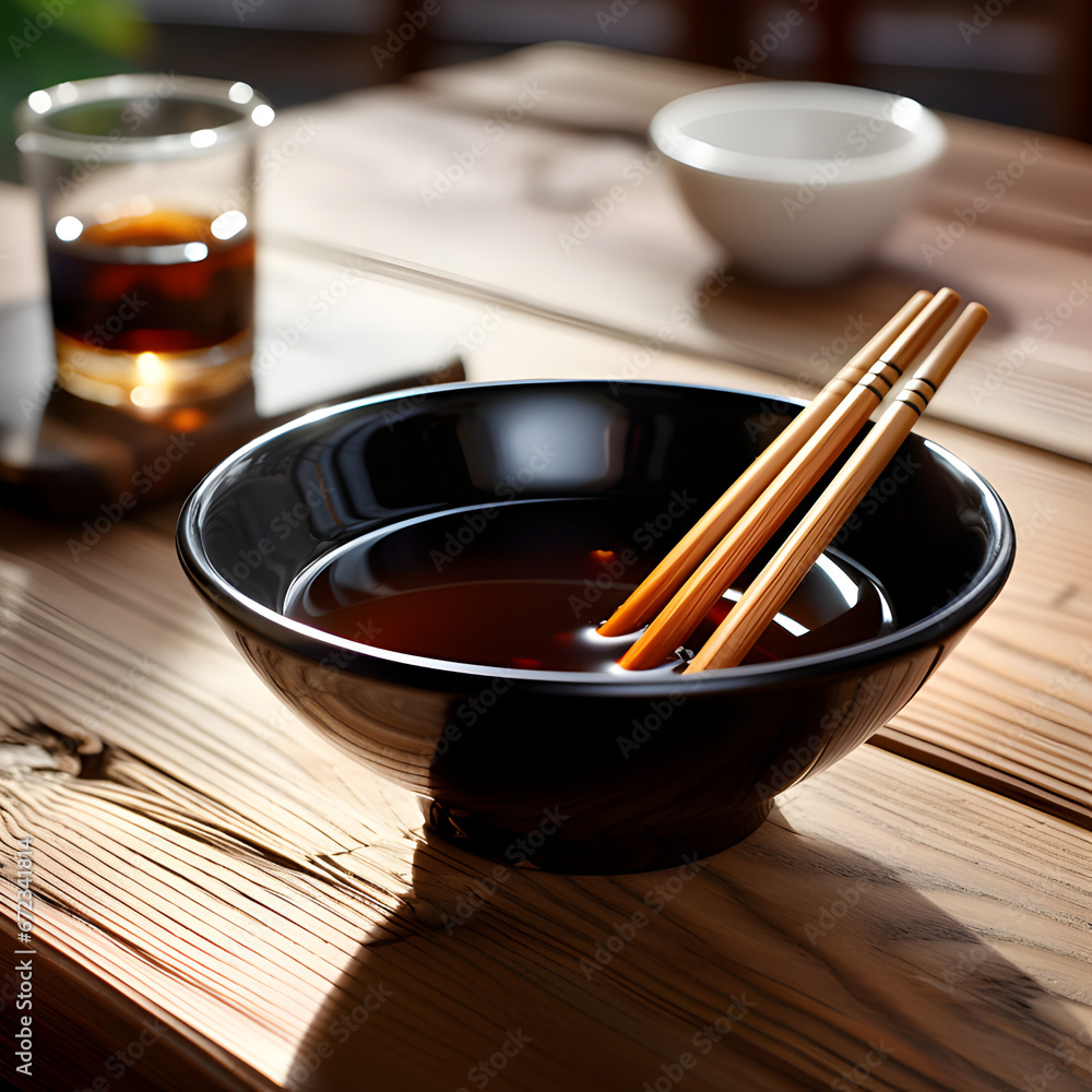 Bowl with soy sauce and chopsticks on wooden table, closeup. Bowl with soy sauce and chopsticks on wooden table, closeup.
