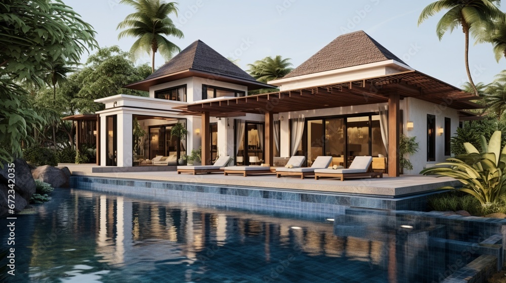real estate luxury exterior design pool villa with interior design living room home, house ,sun bed 8k,