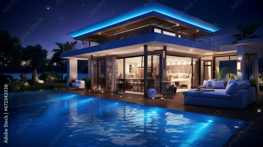 real estate Luxury Interior and exterior design pool villa with living room at night sky home, house ,sun bed ,sofa 8k,