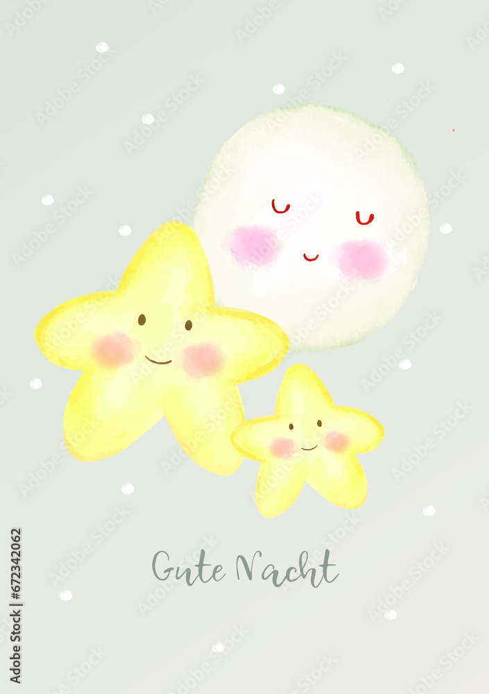 Karte oder Banner mit guten Nachtwünschen in Grau mit zwei gelben Sternen darüber und einem weißen Mond für Kinder auf grauem Hintergrund mit weißen Punkten