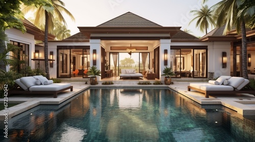 real estate luxury exterior design pool villa with interior design living room home, house ,sun bed 8k, © Creative artist1