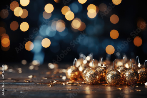 Coniferous branches and blurry shiny golden lights in Christmas and New Year atmosphere (AI Generated) 