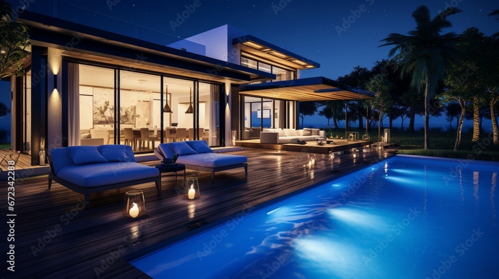 real estate Luxury Interior and exterior design pool villa with living room at night sky home, house ,sun bed ,sofa 8k,