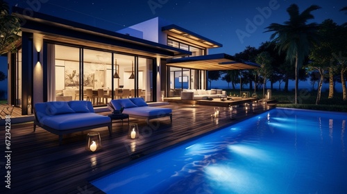 real estate Luxury Interior and exterior design pool villa with living room at night sky home, house ,sun bed ,sofa 8k, © Creative artist1