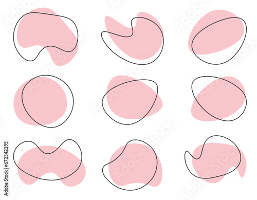 set of organic drops shaped in abstract pink color with line vector illustration isolated on transparent background. Doodles fall with outline circle. Menfice style