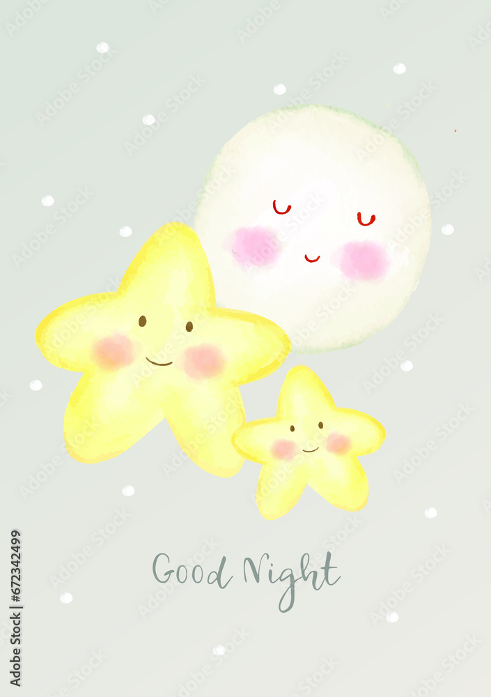 Card or banner to wish a good night in gray with two yellow stars above and a white moon for children on a gray background with white dots