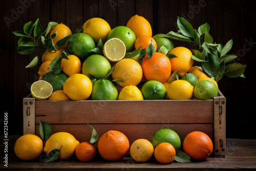 Citrus fruits in a wooden crate on dark background. Generative AI