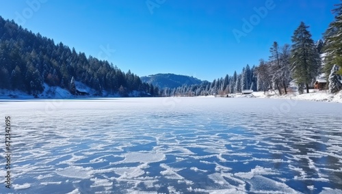 winter landscape with frozen lake and coniferous forest © Meow Creations