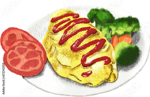 hand drawn illustration of omelette rice a japanese food dish meal in color pencil. a cute cartoon drawing of food photo