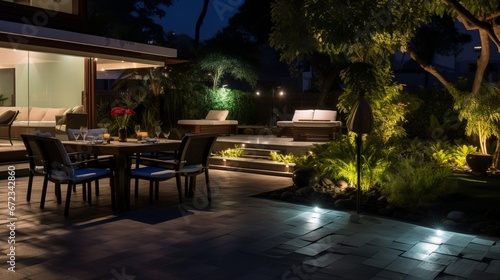 Residential Back Yard Garden Illuminated by Modern LED Lighting System 8k, © Creative artist1