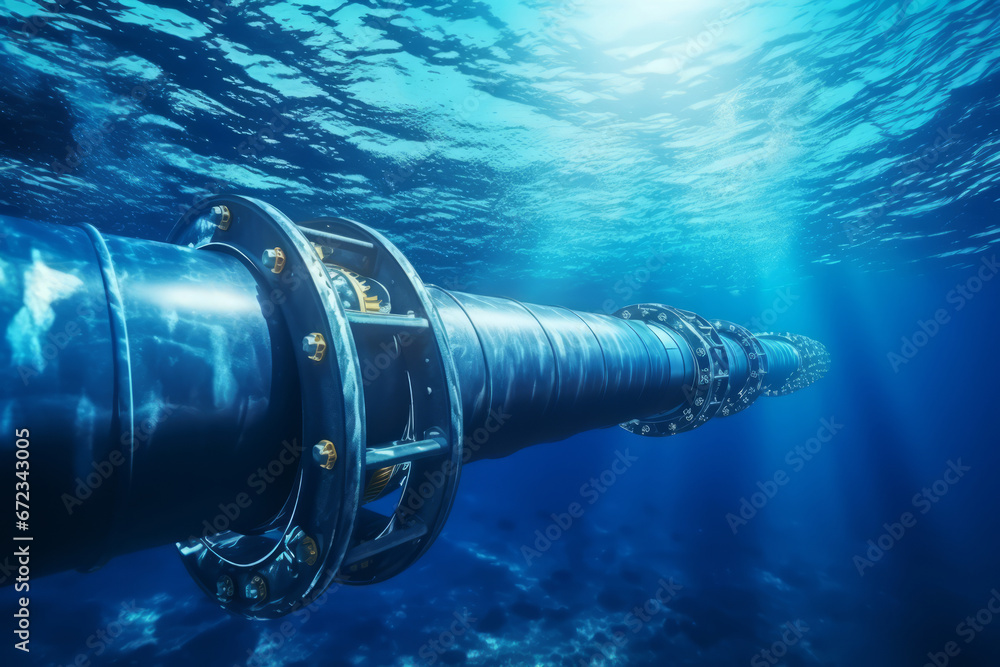Underwater pipeline for oil and gas transport. Metal conduit in ocean. Subsea industry equipment at sea bottom. Generative AI Underwater pipeline for oil and gas transport. Metal conduit in ocean. Subsea industry equipment at sea bottom. Generative AI