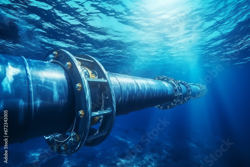 Underwater pipeline for oil and gas transport. Metal conduit in ocean. Subsea industry equipment at sea bottom. Generative AI