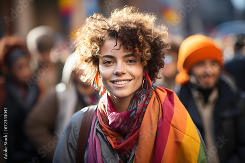 Smiling person with a rainbow scarf at a pride parade showing happiness and pride