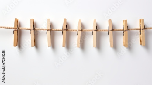 wooden clothespins on a rope. Isolated on a white background photo