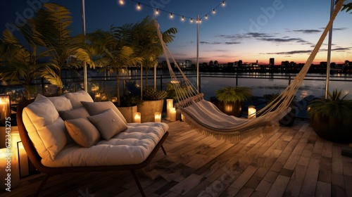 rooftop patio area with hanging swing chair and string lights at night v 8k,