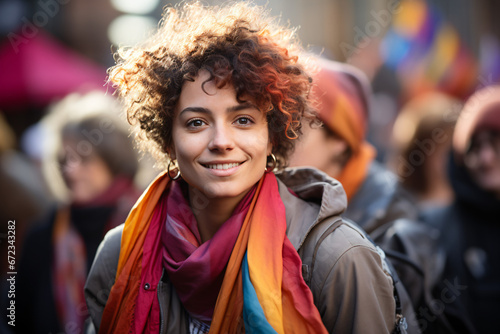 Smiling woman with colorful scarf