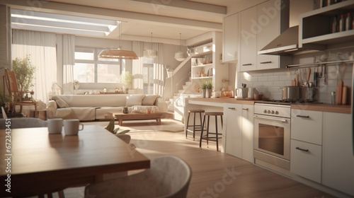 Room shot of a beautiful kitchen and living room interior. 8k,
