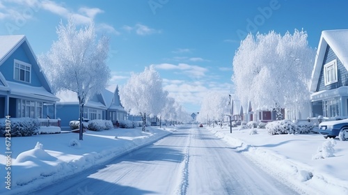 Row of the snowbound houses, homes with the sidewalk on empty street in cold, chilly and frosty winter time covered with snow. Nice and comfortable neighborhood, community in winter time. 8k, photo