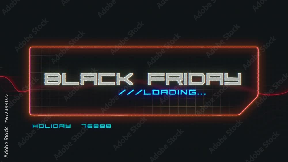 Black Friday text on computer screen with HUD elements, motion abstract holidays, cyberpunk and space style background Black Friday text on computer screen with HUD elements, motion abstract holidays, cyberpunk and space style background