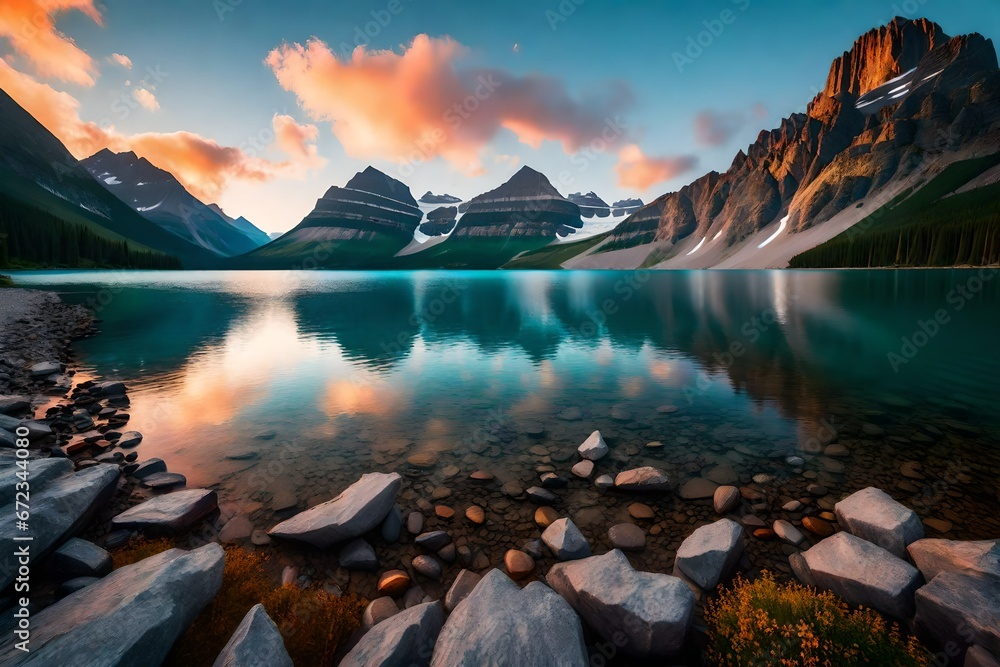 Beautiful Panoramic View of a Glacier Lake with American Rocky Mountain Landscape in the background. Dramatic Colorful Sunrise Sky. Taken in Glacier National Park, Montana