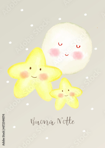 Biglietto o striscione per augurare la buona notte in grigio con due stelle gialle sopra e una luna bianca per bambini su sfondo grigio con pois bianchi