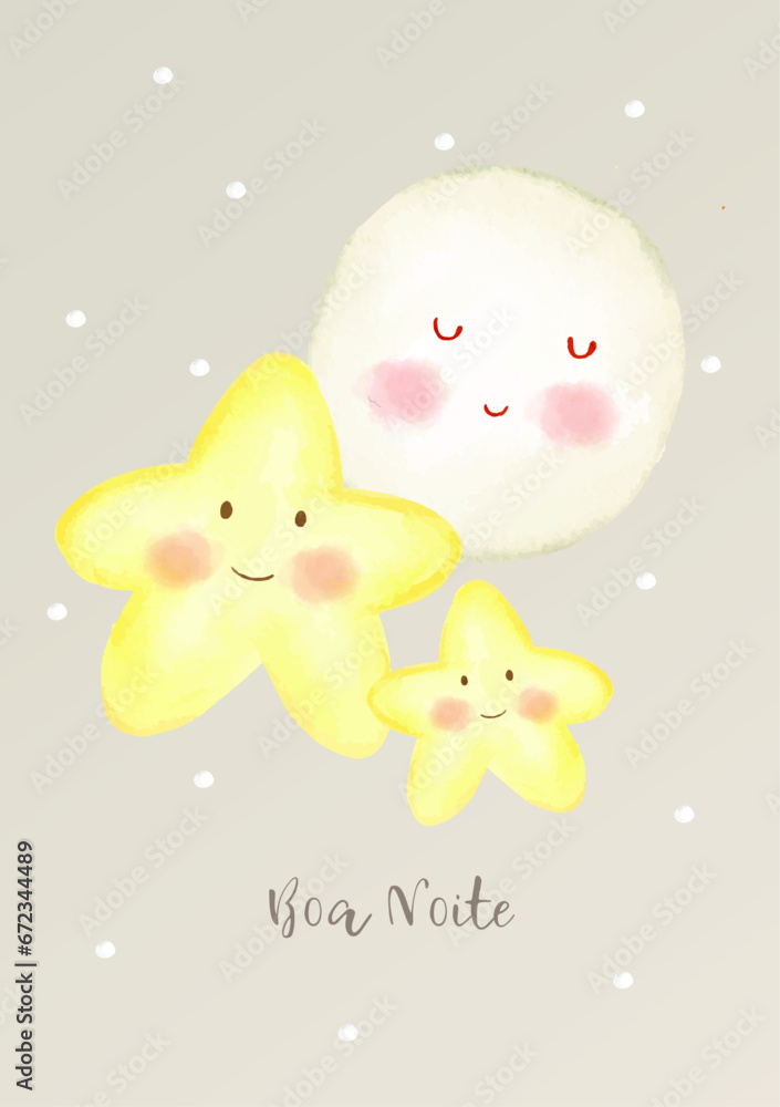 Cartão ou banner para desejar boa noite na cor cinza com duas estrelas amarelas acima e uma lua branca para crianças sobre fundo cinza com pontos brancos