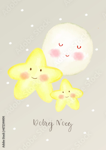 Kartka lub baner z życzeniami dobrej nocy w kolorze szarym z dwiema żółtymi gwiazdami powyżej i białym księżycem dla dzieci na szarym tle w białe kropki