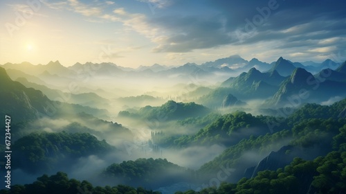 A striking landscape of mountainous terrain enveloped by mist at dawn.