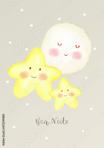 Cartão ou banner para desejar boa noite na cor cinza com duas estrelas amarelas acima e uma lua branca para crianças sobre fundo cinza com pontos brancos