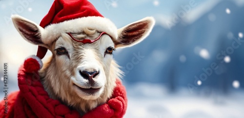 Illustration of a happy cute white sheep wearing a red Santa Claus hat and scarf posing on a winter  snowy background. Xmas 2023. Conceptual digital painting illustration. Generative AI © stockcrafter