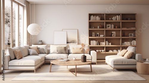 Scandinavian interior design living room with beige colored furniture and wooden elements 8k 