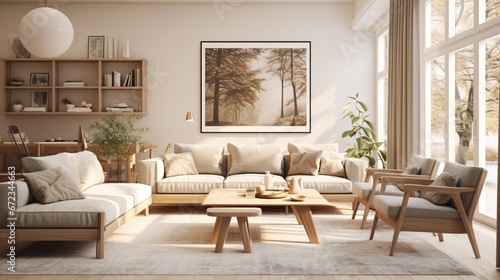 Scandinavian interior design living room with gray and beige colored furniture and wooden elements 8k 