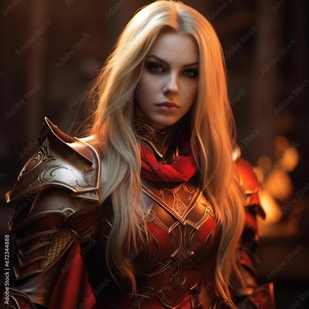 AI generated illustration of a female warrior with long blonde hair and ...