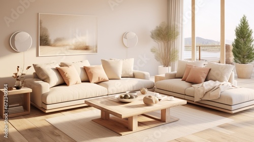 Scandinavian interior design living room with beige colored furniture and wooden elements 8k, © Creative artist1