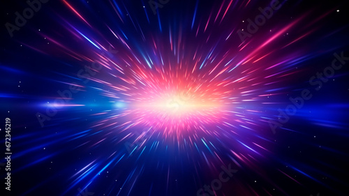 A neon glow of abstract colors illuminating the backdrop, depicting a cosmic explosion and the rapid motion of light within a galaxy. Generative AI