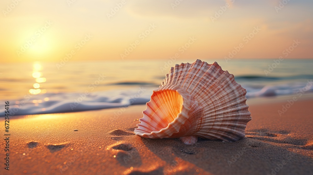 Seashell on Sandy Beach at Sunrise with Waves and Orange Pink Sky Seashell on Sandy Beach at Sunrise with Waves and Orange Pink Sky