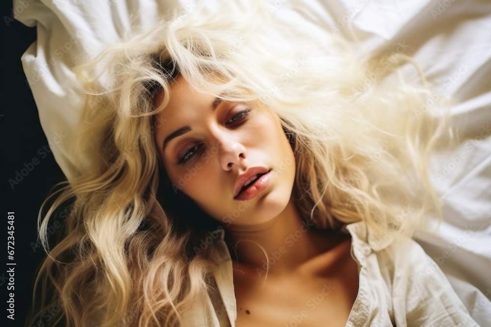Blonde woman laying on bed looking exhausted and unwell, aerial view