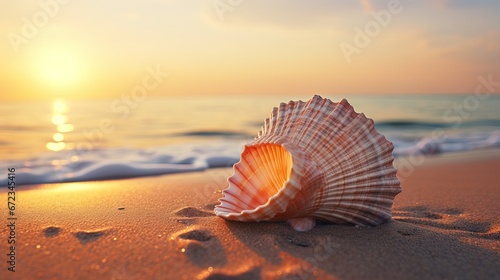 Seashell on Sandy Beach at Sunrise with Waves and Orange Pink Sky