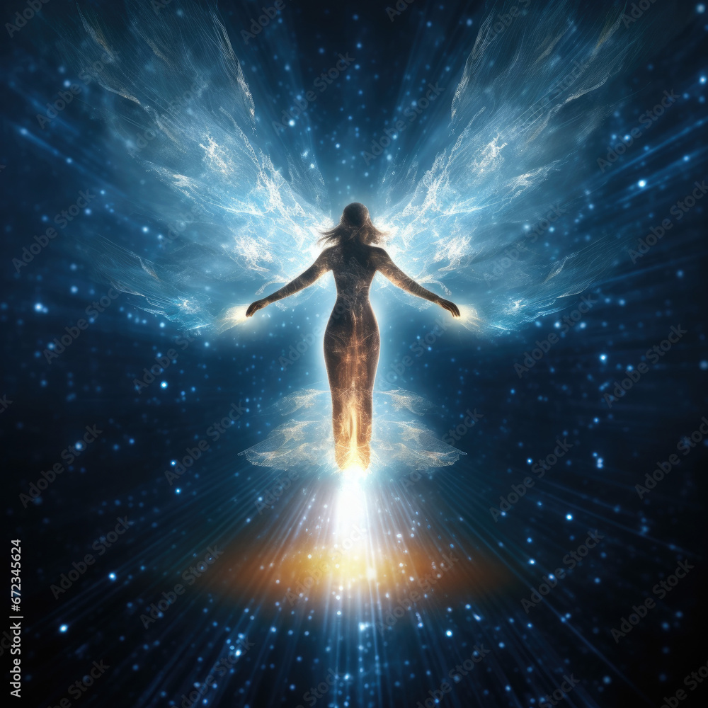 Spiritual guidance Angel of light and love avatar being miracle on sky angelic wings Generative AI