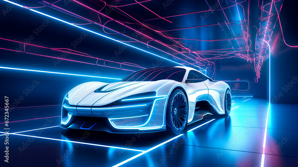 Concept for the overall design of an electric sports car in glossy white and neon. Generative AI Concept for the overall design of an electric sports car in glossy white and neon. Generative AI
