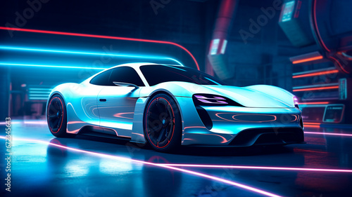 Concept for the overall design of an electric sports car in glossy white and neon. Generative AI © Юрий Маслов