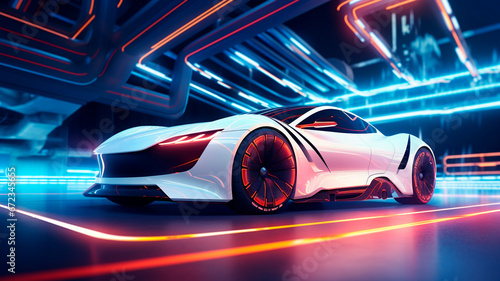 Concept for the overall design of an electric sports car in glossy white and neon. Generative AI © Yuriy Maslov