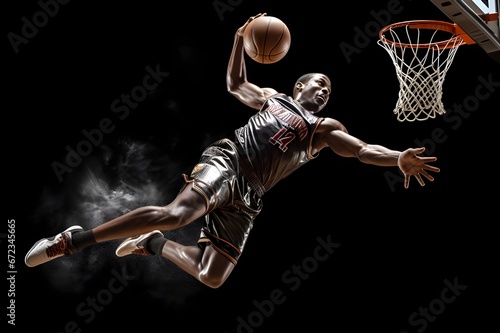 A dynamic shot of a basketball player's slam dunk.
