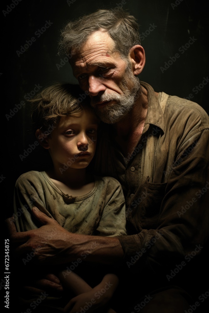 A sad father and child. Post war grief. A sad father and child. Post war grief.