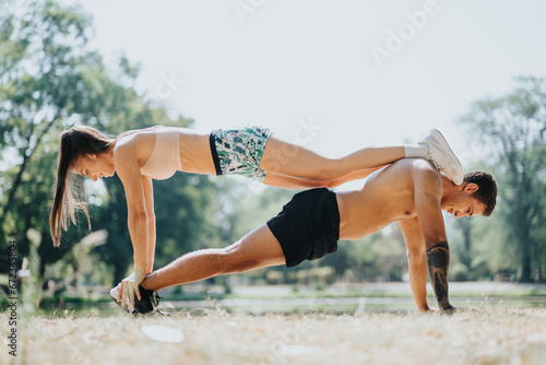 Young, fit couple exercises outdoors in the park under sunny skies. They enjoy daily routines with positive results, embodying healthy lifestyles and sportsmanship for a perfect summertime workout.
